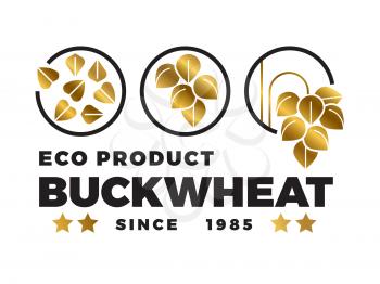 Black and gold buckwheat logo design. Eco buckwheat label isolated on white background. Vector illustration