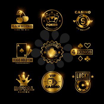 Golden gambling, casino, poker royal tournament, roulette vector labels, emblems, logos and badges. Win game poker card, emblem lucky gambling illustration