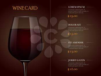 Wine card menu template with realistic glass of red wine. Restaurant menu beverage, wineglass drink. Vector illustration