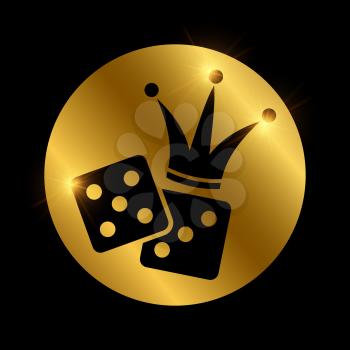 Dice and crown black silhouette on gold round. Vector gambling icon illustration
