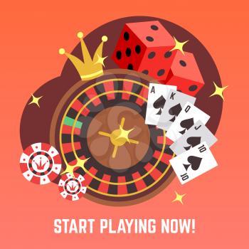 Flat casino gambling vector concept set with win money jackpot. Poker and roulette, fortune game and play illustration