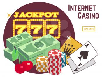 Internet casino background template. Online poker flat vector emblem. Poker and jackpot win, gambling game web, gamble play illustration