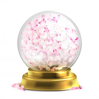 Magic ball with pink petals vector isoated on white backround. Sphere glass souvenir, glossy transparent illustration