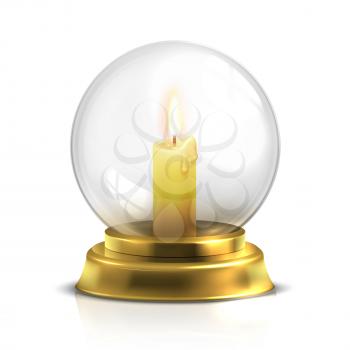 Realistic magic ball with light candle isolated on white background. Glossy transparent glass ball, vector illustration