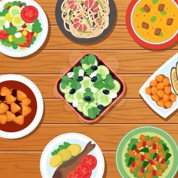 Healthy asian thai meal on table top. Vegetable, meat and fish food dishes vector illustration. Cuisine thailand, seafood and oriental salad
