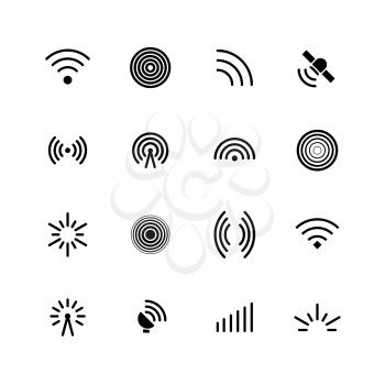 Wireless wifi and radio signals icons. Antenna, mobile signal and wave vector symbols isolated. Radio antenna and wireless network illustration