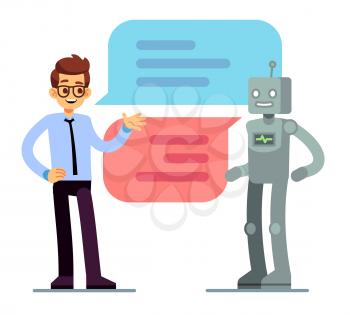 Man chatting and asking for help bot. Chatbot vector concept. Chat bot web online service, robot support chatting illustration