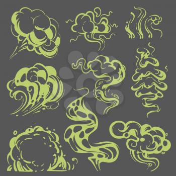Cartoon bad smell stench green clouds vector set isolated. Illustration of vapor and breath cartoon stink