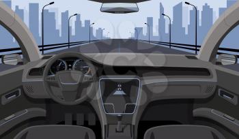 Inside car driver view with rudder, dashboard front panel and highway in windshield cartoon highway vector illustration. Interior of automobile, drive speed car