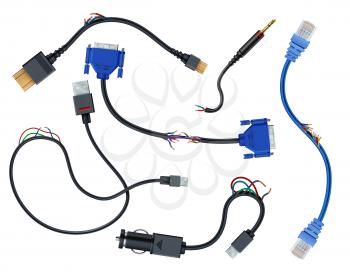 Damaged wires with plugs. Disconnect broken electric cables vector set isolated on white background. Wire and cable cut, vga and usb, sata outlet plug illustration