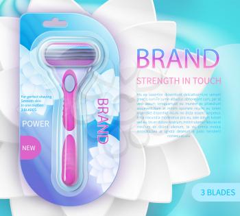 Sharp blade razor product vector ad poster. Packaging tool for shaver and hygiene, shave equipment product illustration