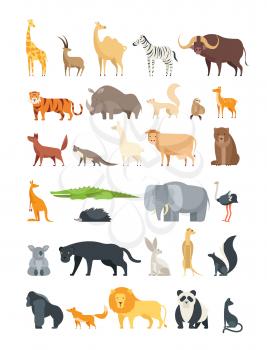 Flat african, jungle and forest animals. Cute mammals and reptiles. Wild fauna vector set isolated. Elephant and lion, giraffe and fox, zebra and bear illustration