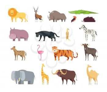 Cartoon african savannah animals. Wild zoo safari mammals, reptiles and birds vector set isolated on white background. Wild fauna zebra, yak, tiger and giraffe, lion and elephant illustration