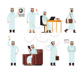 Arabic man in traditional islamic saudi ethnic clothes in different business situations. Arab vector characters set isolated. Illustration of people islam character in business work