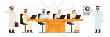 Arab businessmans group at table in bisiness meeting. Arabic saudi men cartoon vector characters. Group businessman saudi team in office illustration