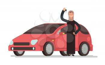 Happy arab muslim saudi woman getting driving license and personal car. Cartoon vector illustration. Arabian girl driver and red car