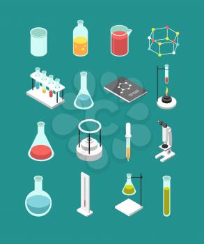 Isometric 3d chemical laboratory equipment. Chemistry attributes vector icons isolated. Chemistry research, equipment chemical and medicine illustration