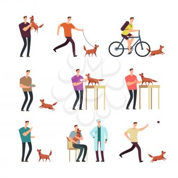 Happy man with dog in daily routine. People and cute lovely pets cartoon vector characters isolated. Lifestyle activity everyday stroll with pet illustration