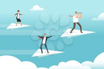 Business team on paper airplanes. Opportunities, teamwork and new leader vector flat concept. Teamwork and leader on plane, leadership in sky illustration