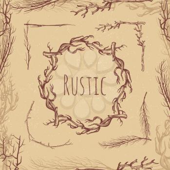 Hand drawn rustic branches vintage style. Rustic angle and frame. Vector illustration