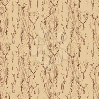 Rustic wood branches seamless pattern background. Hand drawn branches vintage texture. Vector illustration