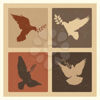 Dove of peace silhouette emblems. Grunge pigeon with branch logo set. Bird hope freedom, animal religious flying. Vector illustration