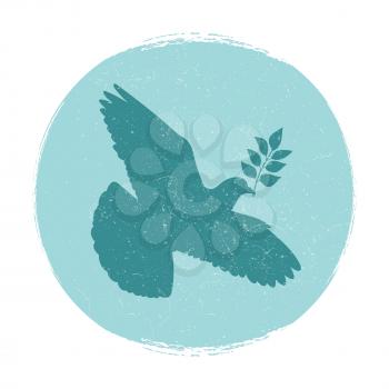 Grunge dove of peace logo design isolated. Pigeon silhouette with branch. Vector illustration