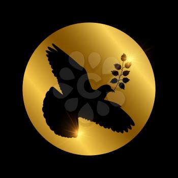 Black dove of piece vector silhouette on golden round illustration