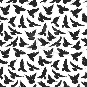 Black pigeons silhouette on white seamless pattern background. Vector illustration