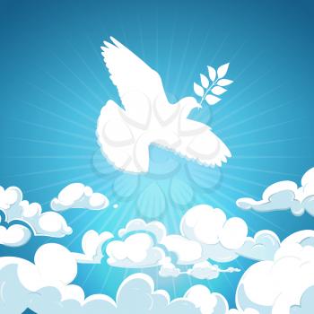 Dove of peace flying in the sky. White pigeon with branch background concept. Hope bird, freedom flying in heaven illustration