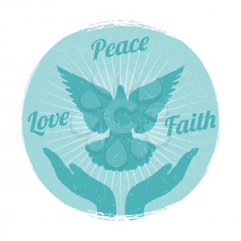 Grunge dove peace flying from hands isolated. Love, freedom and religion faith vector concept illustration