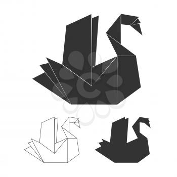 Paper origami vector swan isolated on white background. Black swan logo set illustration
