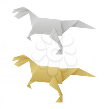 Silver and golden paper origami dinosaurs isolated on white background. Vector illustration