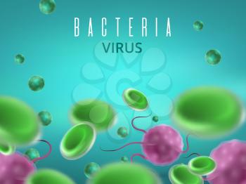 Biology medical science concept. Abstract vector background with cells and viruses. Medical cell and biology research microscopic illustration