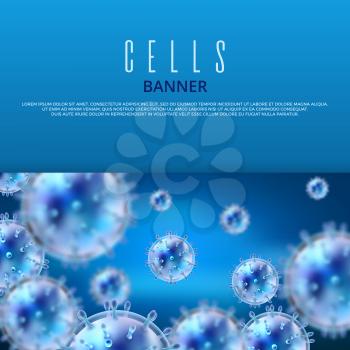 Microbiology and medical vector web banner template with 3d bacteria and viruses. Cell research scientific microscopic illustration