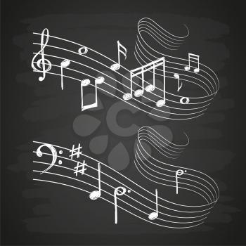 Chalk sketch musical sound wave with music notes on blackboard isolated. Vector illustration