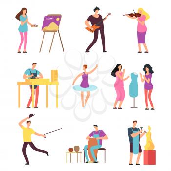 Cartoon artists and musicians vector isolated characters in creative artistic hobbies. People hobby, artistic drawing and playing, amateur painter and sculpture illustration