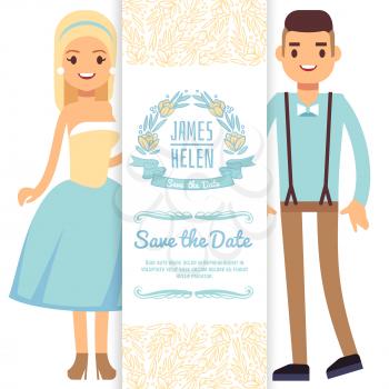 Cartoon character bride and groom isolated on white background. Vector wedding banner poster or flyer template illustration