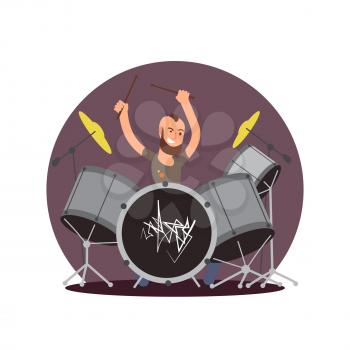 Cartoon character drummer icon. Flat vector musician concept illustration isolated