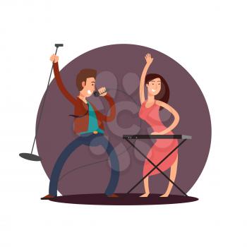 Cartoon character male singer and female pianist vector design icon isolated illustration