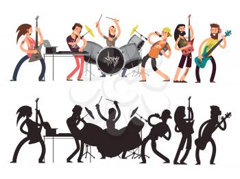 Music performance with young musicians. Rock concert vector flat concept. Set of cartoon characters and musician silhouettes. Illustration of drummer and band
