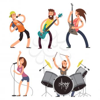Rock musicians and singers isolated on white background. Music band performance, young guitarist artist, vector illustration