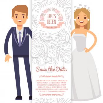 Vector wedding banner template. Decorative flyer with bride, fiance and floral ornament. Wedding card celebration, marriage invitation illustration
