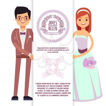 Vintage wedding flyer, poster, banner template with cartoon character fiance and bride. Vector illustration