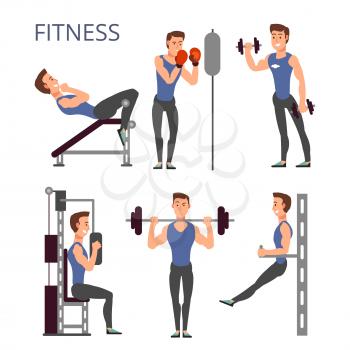 Gym exercises, body pump workout vector set with cartoon sport man characters. Fitness people in gym illustration