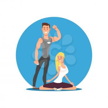Sports man and woman flat cartoon characters. Vector fitness motivation emblem illustration