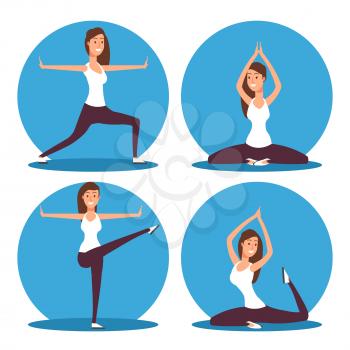 Young woman making yoga exercises and meditation vector illustration icons of set isolated on white