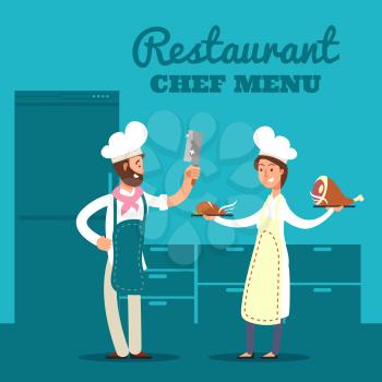 Restaurant background with kitchen silhouette and cartoon chef and cooks. Vector illustration