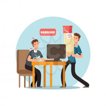 Stressed office people for deadline and time management vector concept icon isolated in round illustration