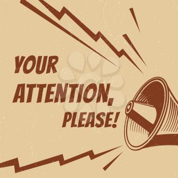 Attention please vector poster with voice megaphone. Speech announcement poster, alert message from bullhorn illustration
